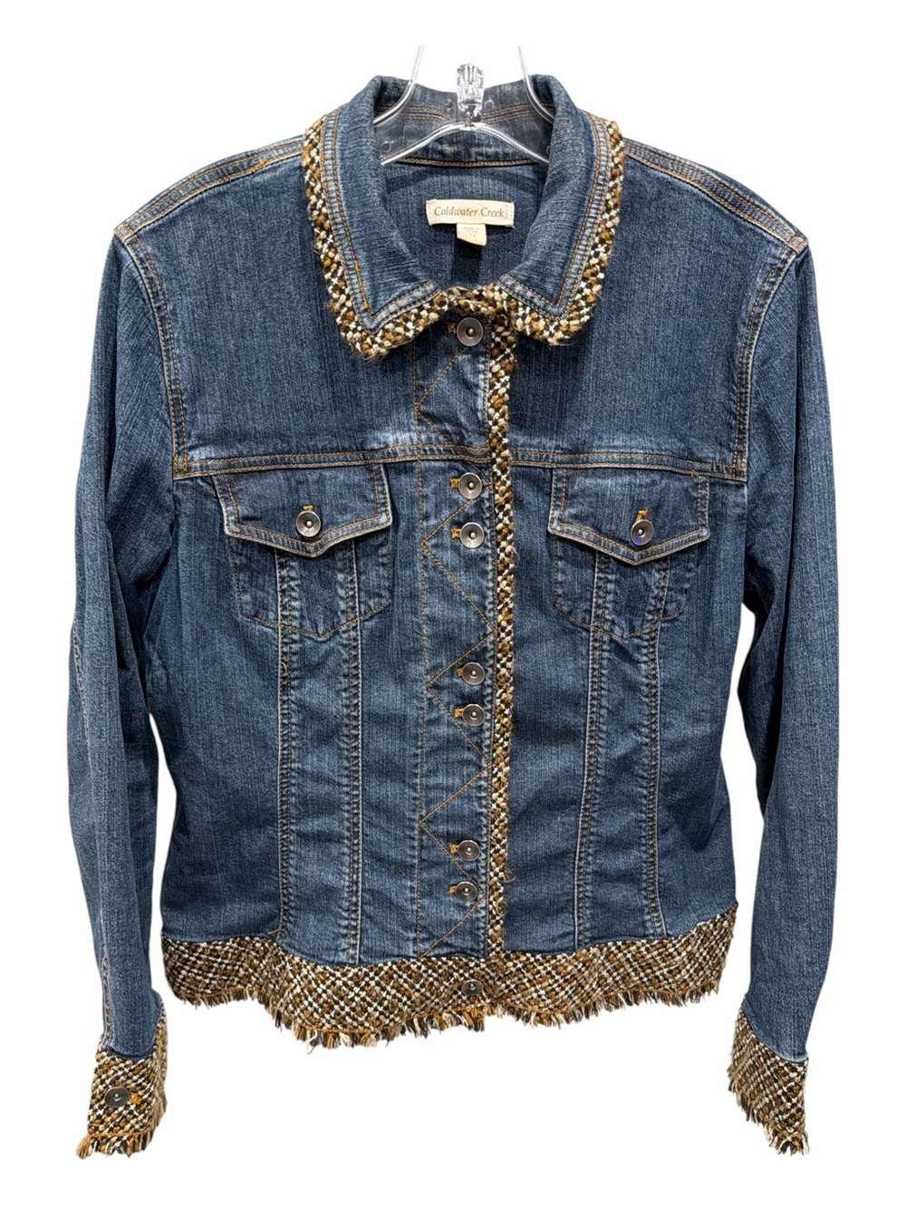 Coldwater Creek Denim Jacket Tweed Fringe Trim Stretch Blue Size 14 - Picture 2 of 7